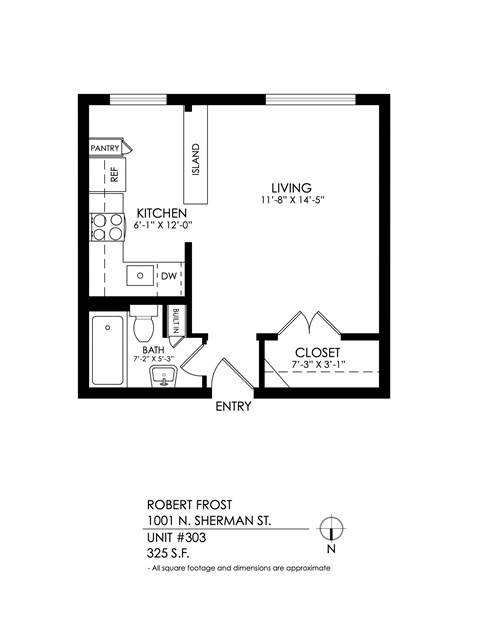 A black and white image of a floor plan for a one bedroom apartment.